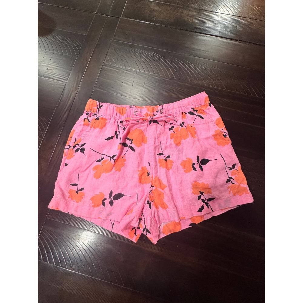 Cynthia Rowley Pink Floral 100% Linen Drawstring Shorts Medium Floral Print